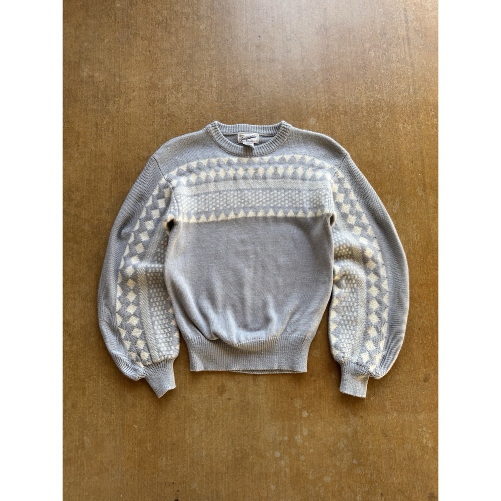 VTG 80s Baggy Sleeves Wool Acrylic Blend Fuzzy Gray Crewneck Sweater Aztec WMS S